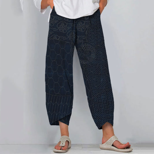 Comstylish Retro Japanese Traditional Sashiko Art Pattern Cropped Casual Pants