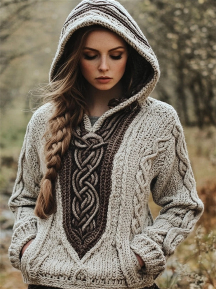Vintage Celtic Contrast Color Chunky Cozy Hooded Sweater elevenforest
