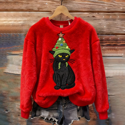 Women's Christmas Cute Cat Embroidered Cozy Plush Sweatshirt