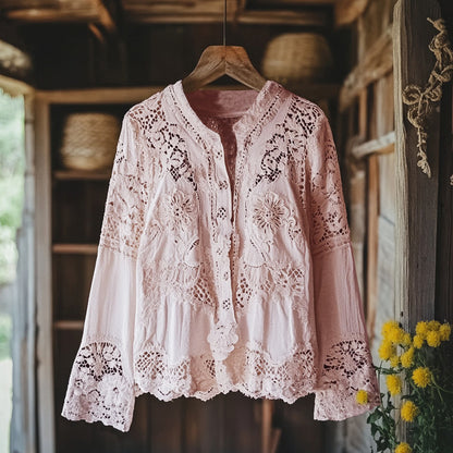 Comstylish Women's Retro Floral Lace Embroidery Art V-neck Shirt