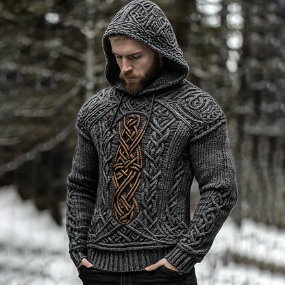 Men's Viking Jacquard Celtic Inspired Cozy Knit Hooded Sweater artswardrobe