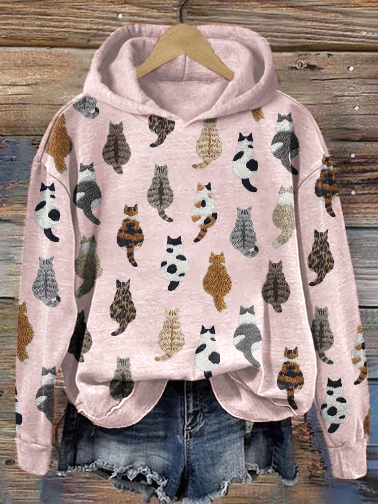 Comstylish Cute Cats Embroidery Pattern Cozy Hoodie