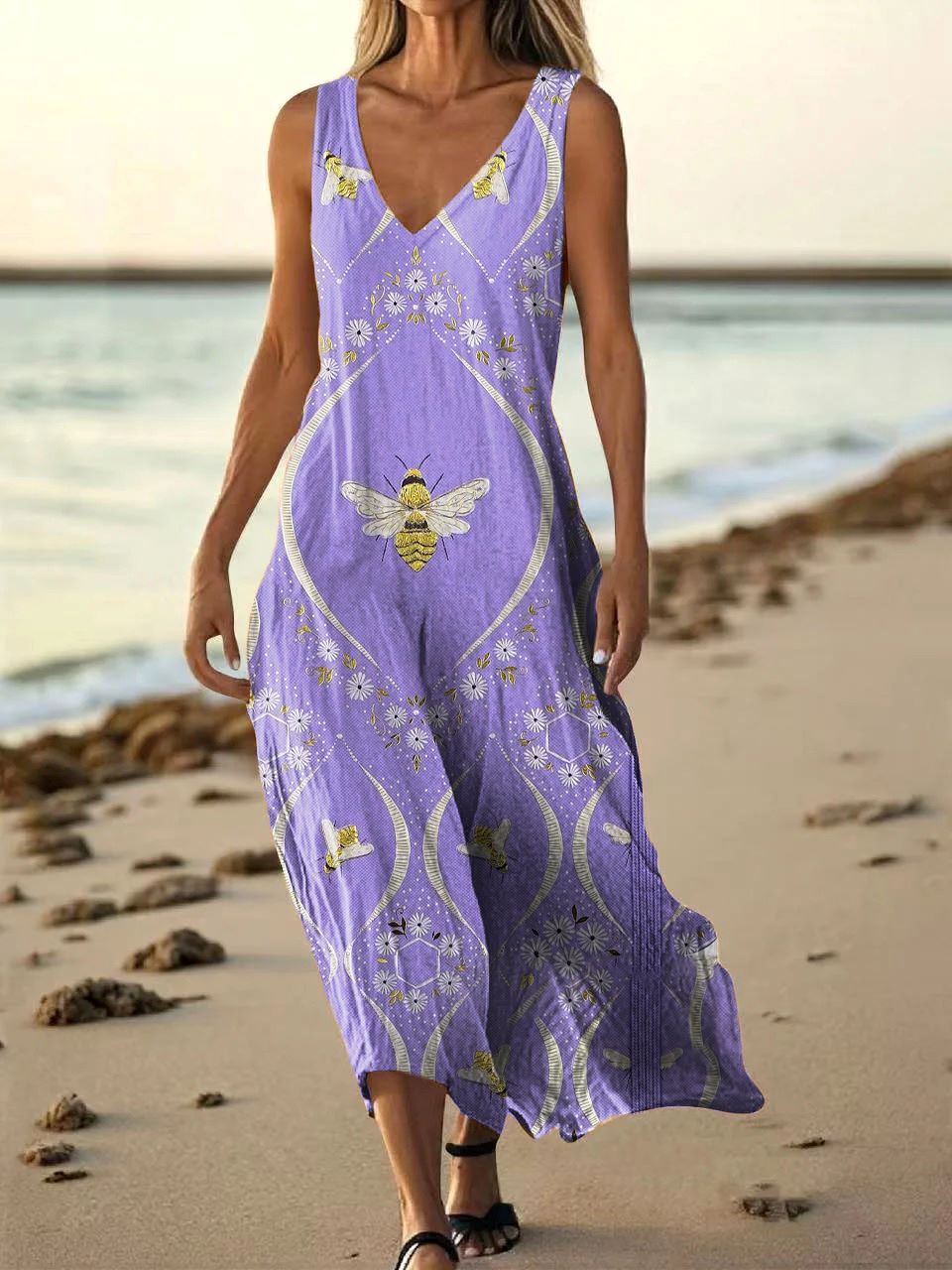 Women's Bee Pattern Art Print Pocket Cotton Dress