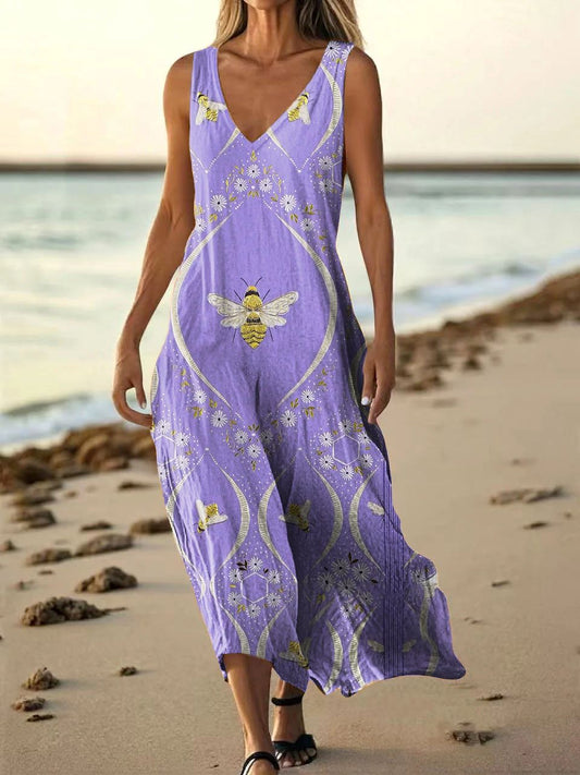 Women's Bee Pattern Art Print Pocket Cotton Dress