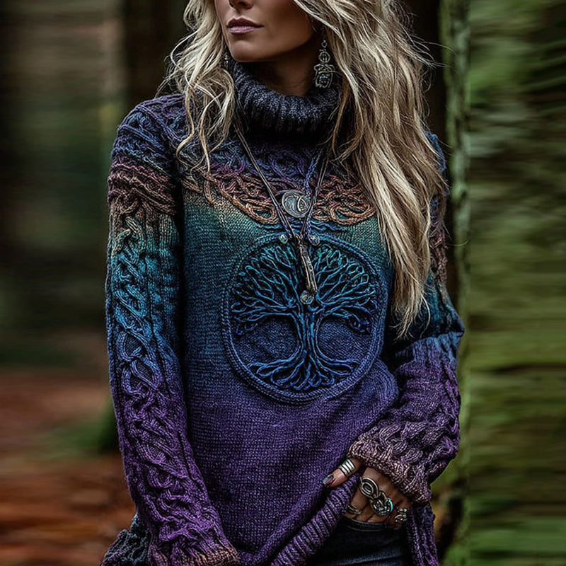 Women's Viking Tree Of Life With Celtic Knot Art Gradien Turtleneck Cozy Knit Sweater artswardrobe