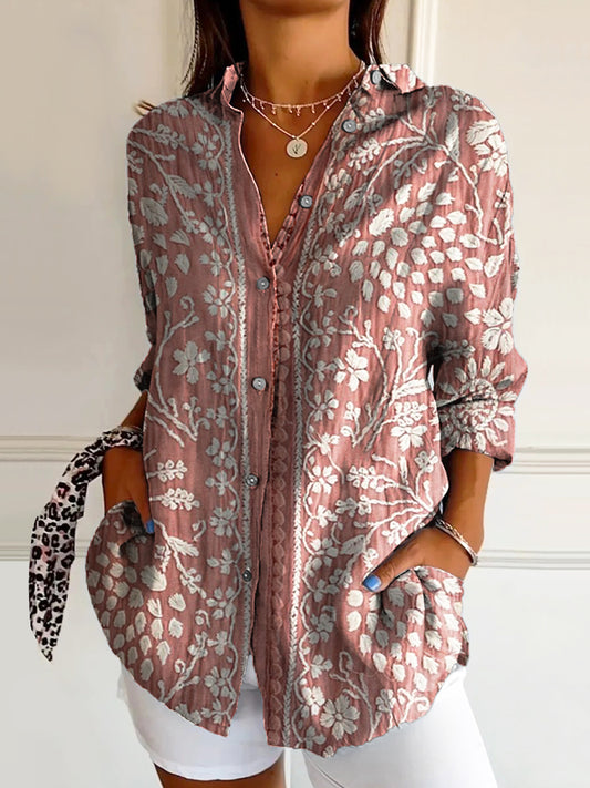 Women's Vintage Ethnic Floral Art Print Casual Cotton Shirt