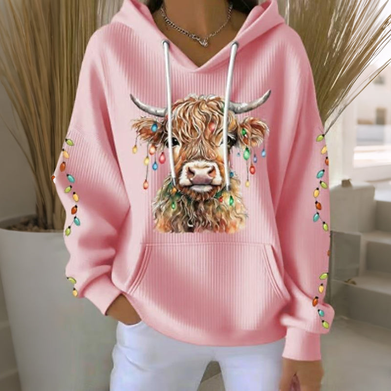 Comstylish Women's Christmas Highland Cow Print Casual Hoodie