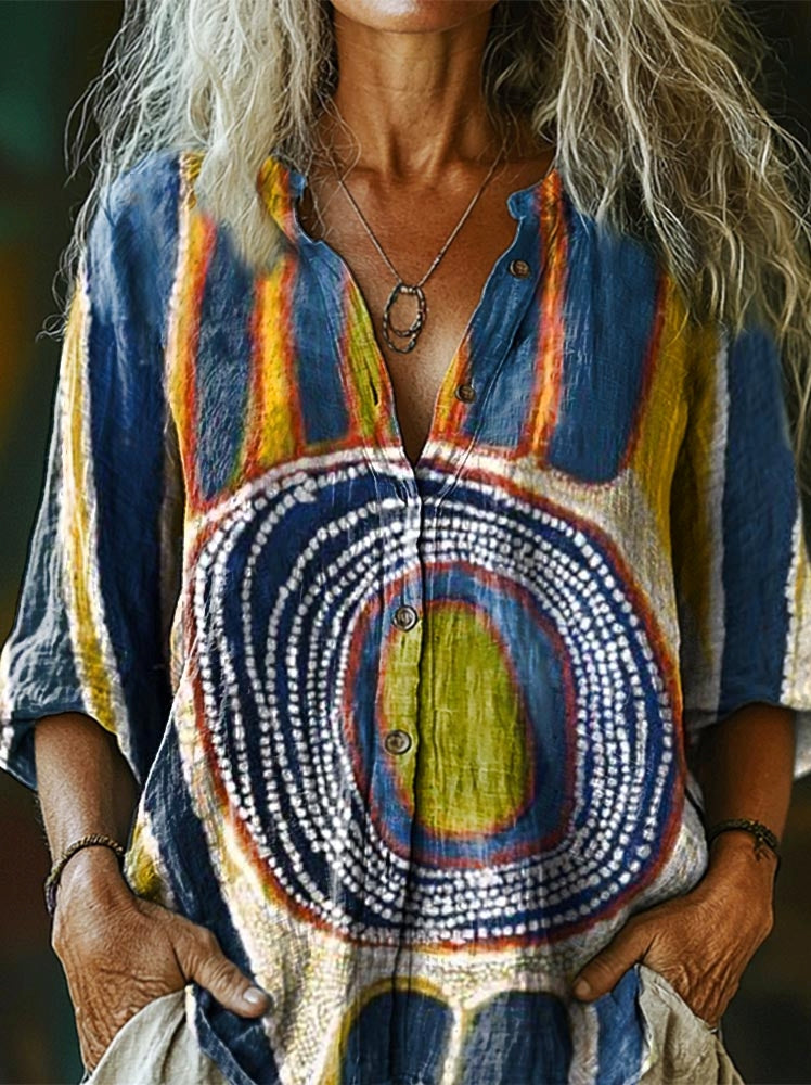 Women's Abstract Art Print Casual Cotton And Linen Shirt