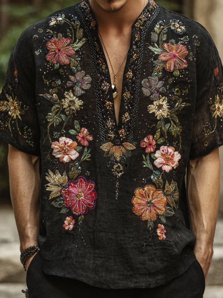 Bohemian Style Three-dimensional Multi-colored Floral Silver Rhinestone Men's V-neck Short-sleeved Shirt artswardrobe