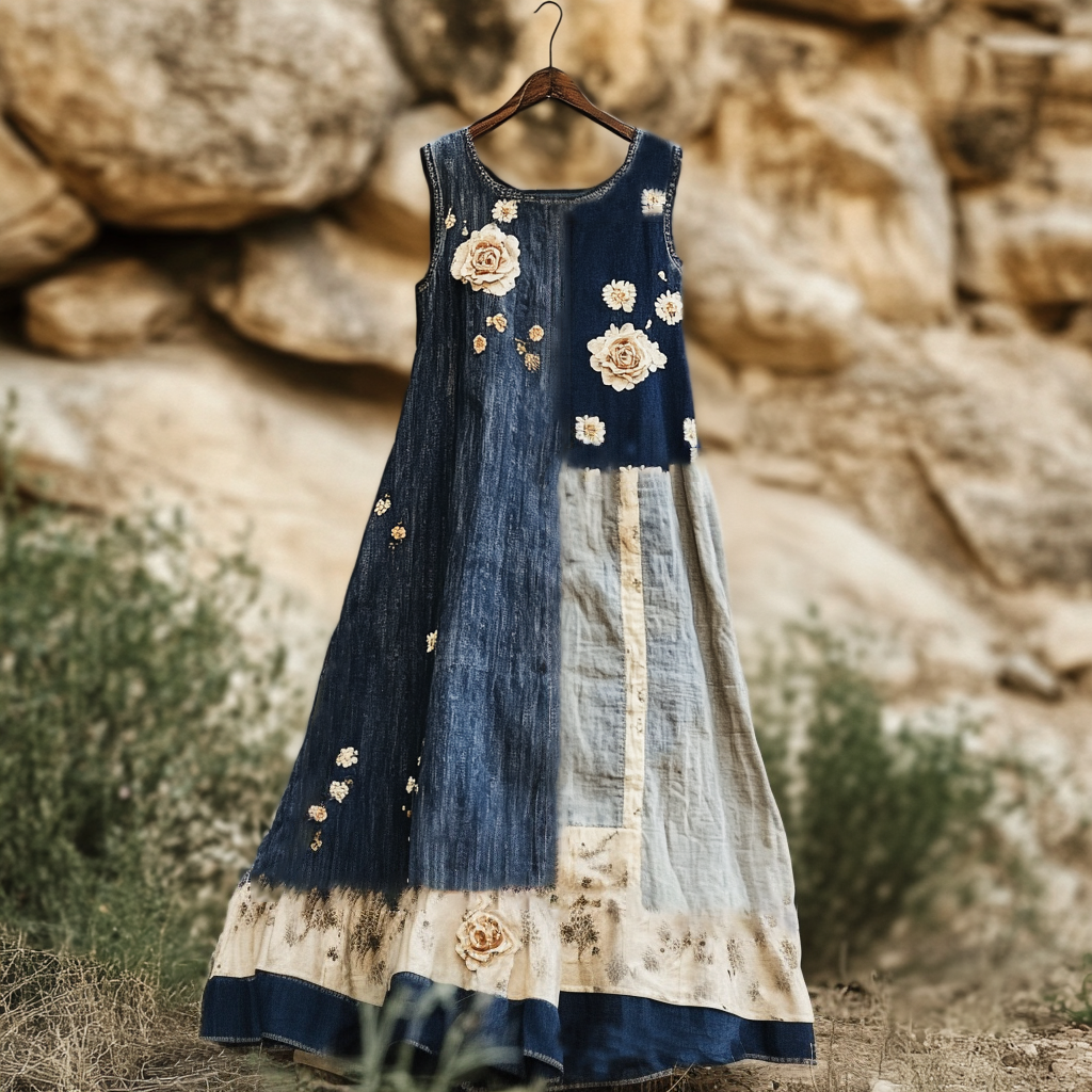 Women's Vintage Floral Denim Blue Patchwork Sleeveless Dress artswardrobe