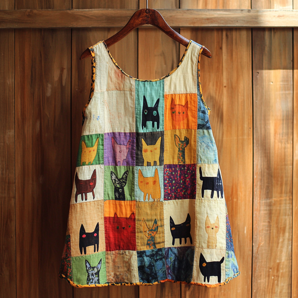 Women's Cat Patchwork Art Linen Tank Top elevenforest