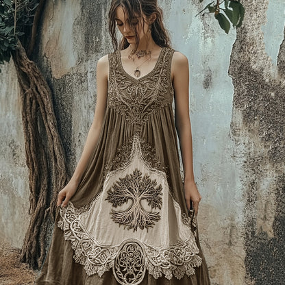 Vintage Tribal Viking Tree Of Life Celtic Knot Linen Blend Tank Midi Dress artswardrobe