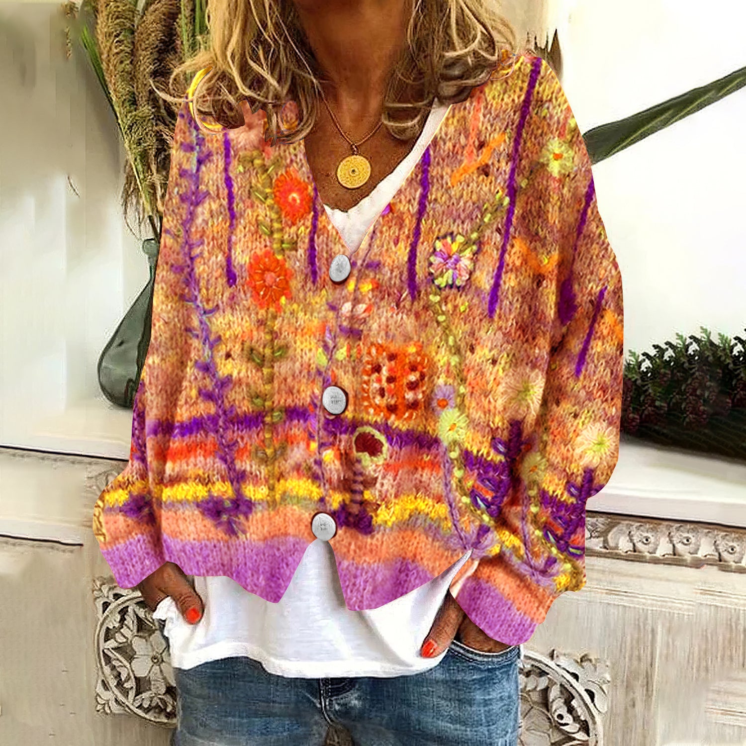 Vintage Floral Print V-Neck Long Sleeved Knitted Cardigan artswardrobe