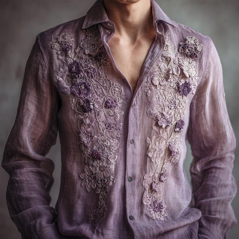 Men's Lace Floral Embroidered Breathable Linen Shirt artswardrobe