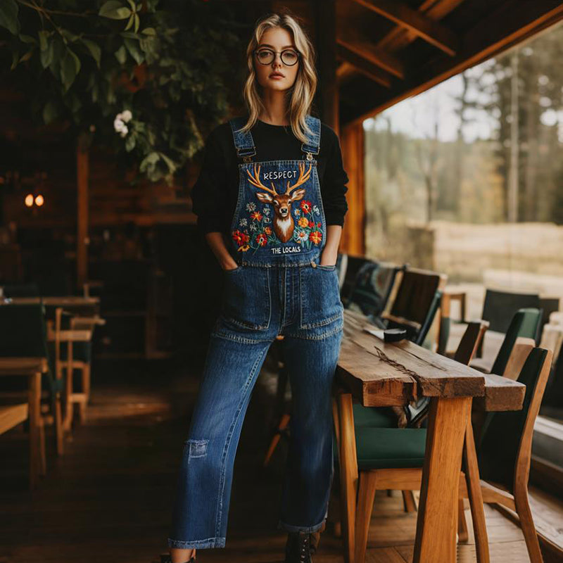 Respect The Locals Elk Floral Embroidered Art Denim Overalls artswardrobe