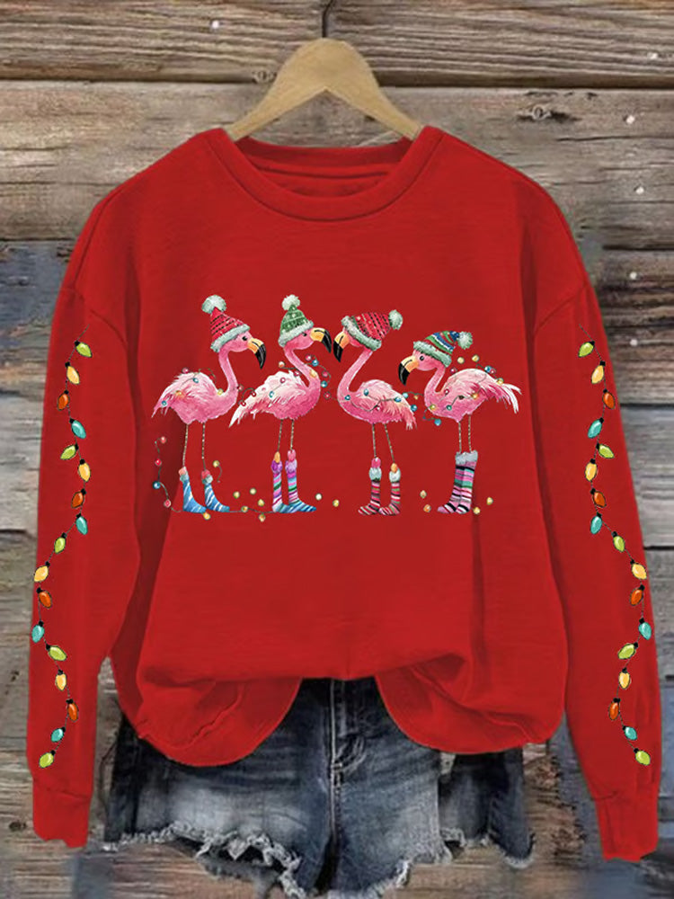Comstylish Women's Christmas Flamingo Print Crewneck Sweatshirt