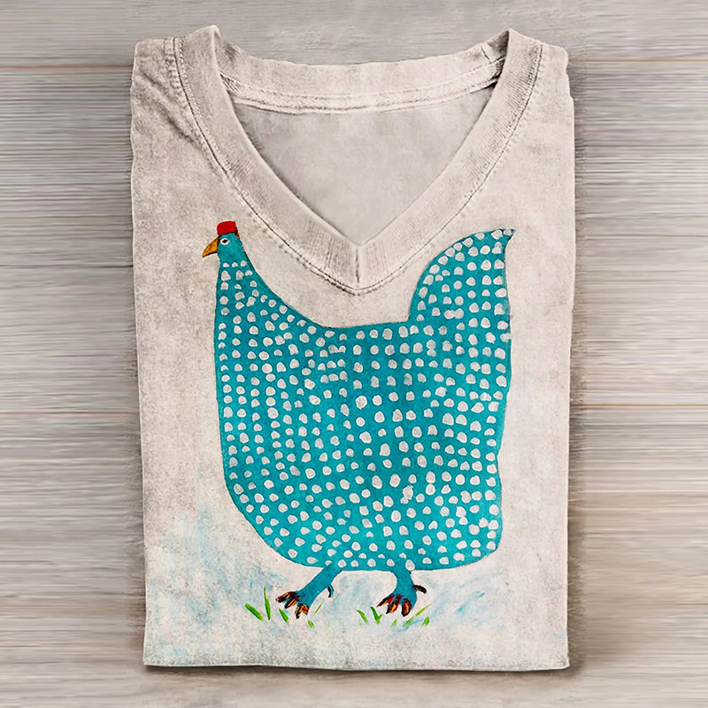 Comstylish Vintage Chicken Art Print Casual T-Shirt