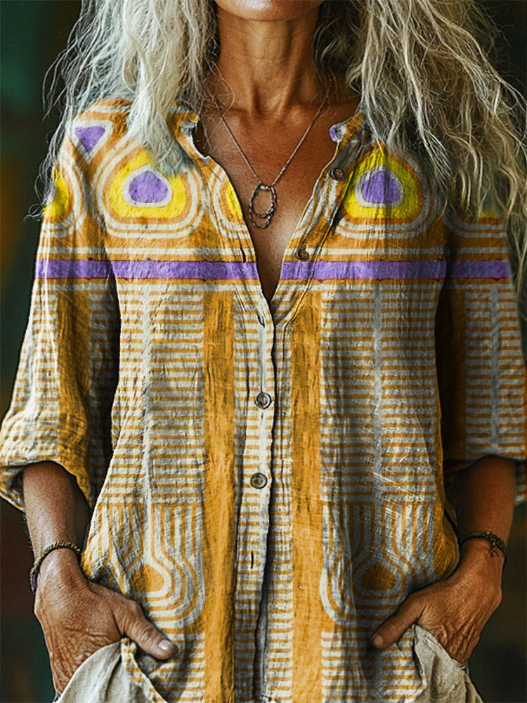 Women's Vintage Bohemian Pattern Art Print Casual Cotton Linen Shirt