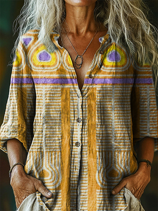 Women's Vintage Bohemian Pattern Art Print Casual Cotton Linen Shirt