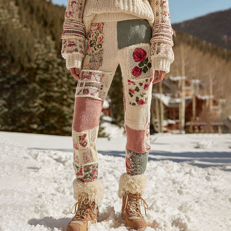 Women's Vintage Floral Patchwork Cozy Knit Leggings