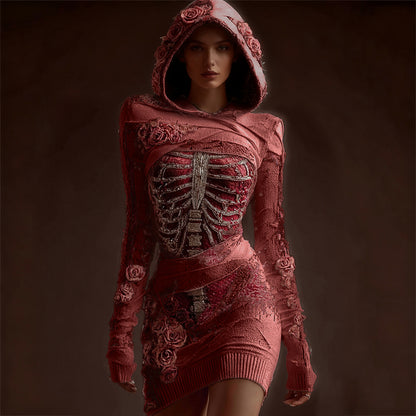 Comstylish Classy Skeleton Anatomy Bloody Roses Bandages Hooded Sweater Dress