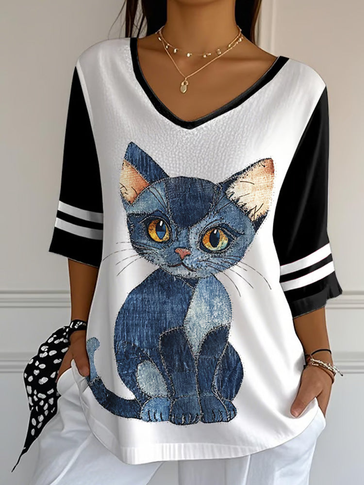 Women's Animal Cat Print Mid Sleeve T-shirt artswardrobe