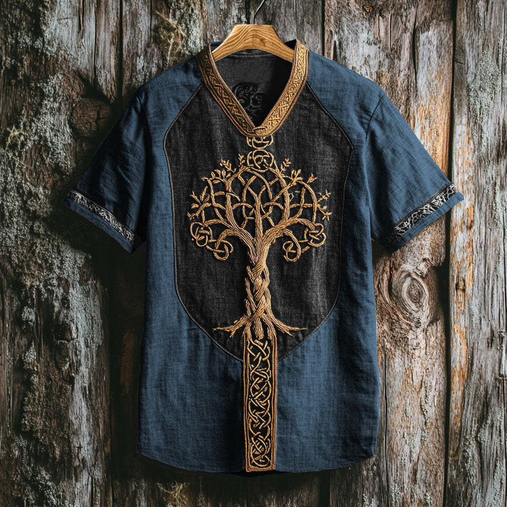 Men's Viking Life Of Tree Celtic Knot Art Linen V-neck T Shirt artswardrobe