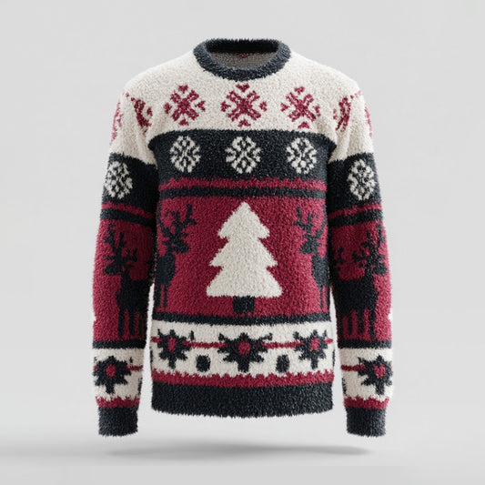 Comstylish Men's Christmas Christmas Tree And Reindeer Comfortable Crew Neck Plush Sweatshirt
