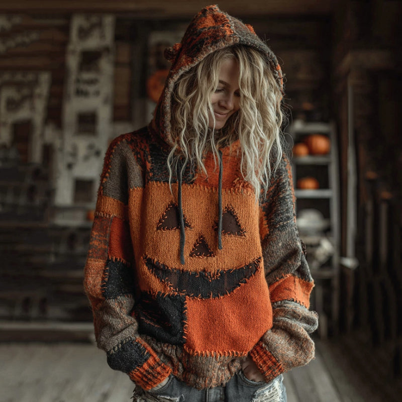 Halloween Pumpkin Face Patchwork Stitched Cozy Knit Hooded artswardrobe