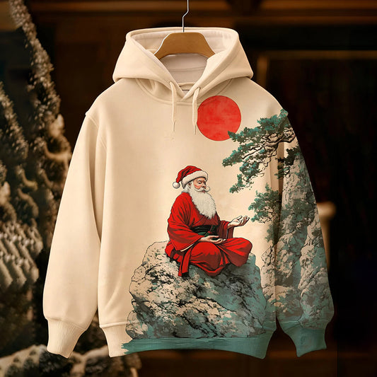 Comstylish Men's Japanese Style Meditation Santa Claus Print Casual Hoodie