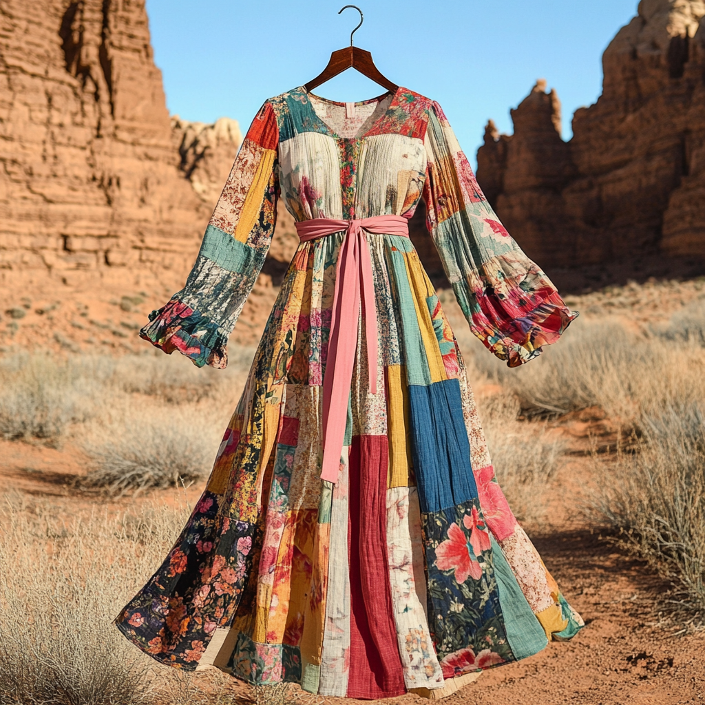 Women's Vintage Floral Patch Art Linen Maxi Dress artswardrobe