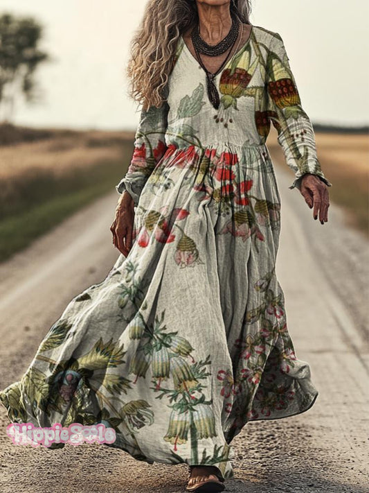 Women's vintage ornate floral Print Pocket Cotton Dress