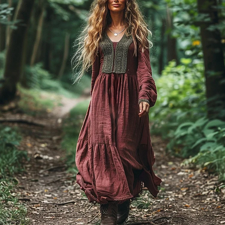 Women's Linen Bohemian Long-sleeve Casual Maxi Long V-neck Dress artswardrobe