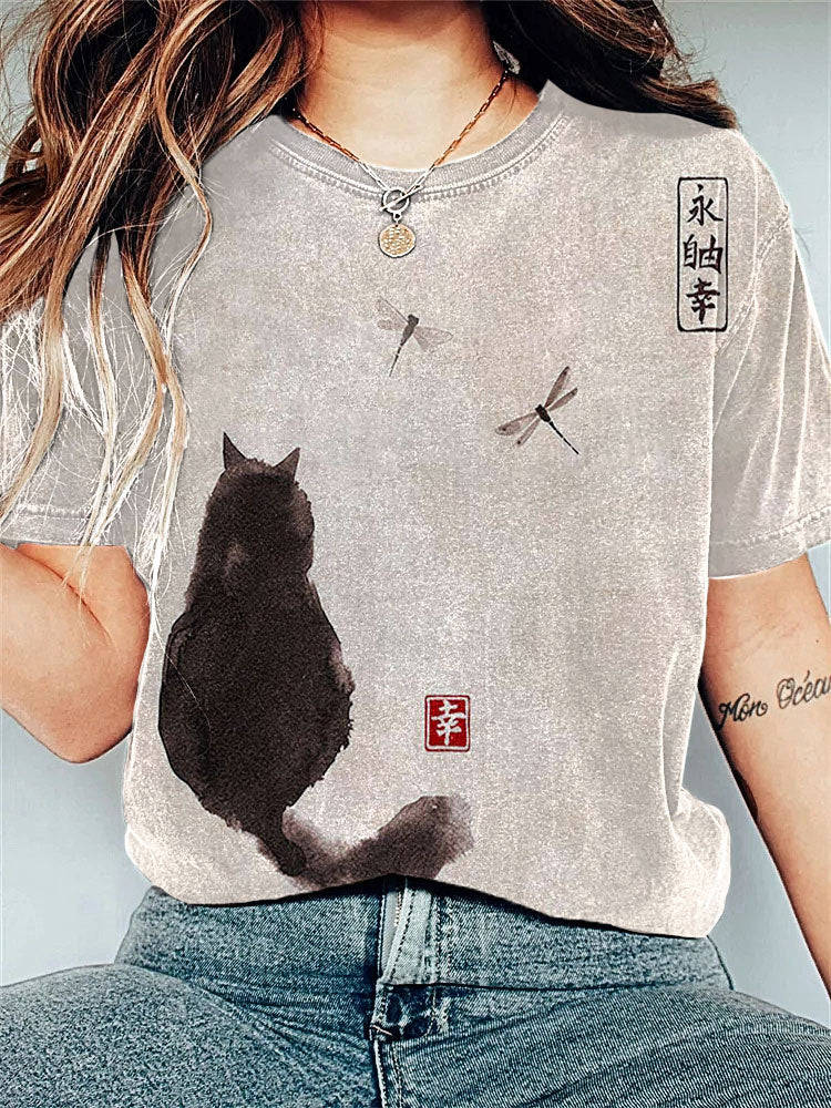 Ink Painting Black Cat Japanese Art Print Vintage T-Shirt elevenforest