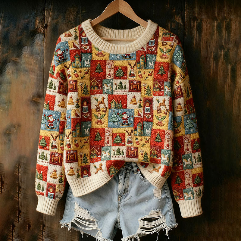 Women's Christmas Patchwork Print Contrast Comfortable Knitted Sweater artswardrobe