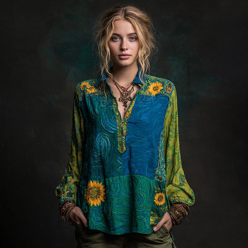 Starry Sky And Sunflowers Painting Patchwork Shirt artswardrobe