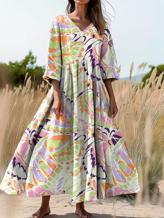 Women's Floral Art Print Flowy V-Neck Cotton Dress