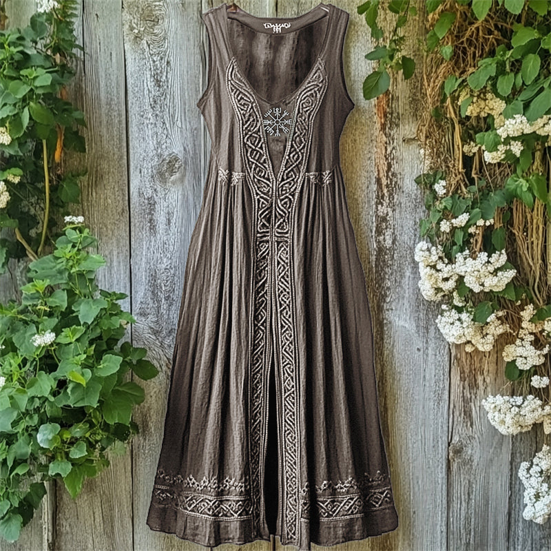Viking Vegvisir Embroidered Celtic Knot Linen Tank Dress artswardrobe