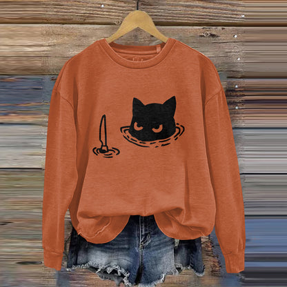 Women's Funny Black Cat Assassin Abstract Art Painting Sweatshirt elevenforest