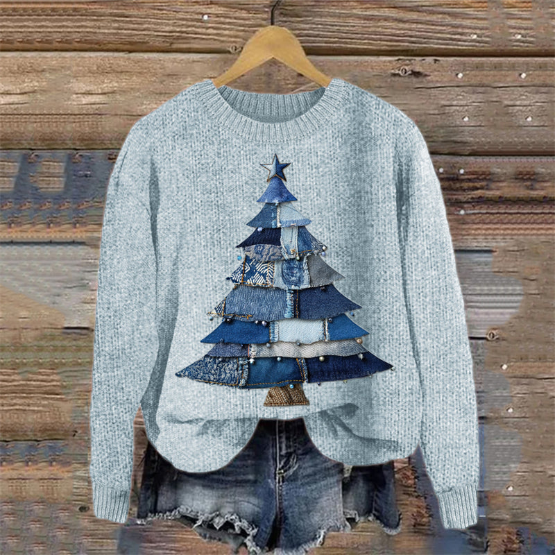 Christmas Denim Patchwork Art Cozy Knit Sweater artswardrobe