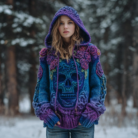 Women's Vintage Skull Floral Gradient Celtic Art Knit Hooded Sweater artswardrobe
