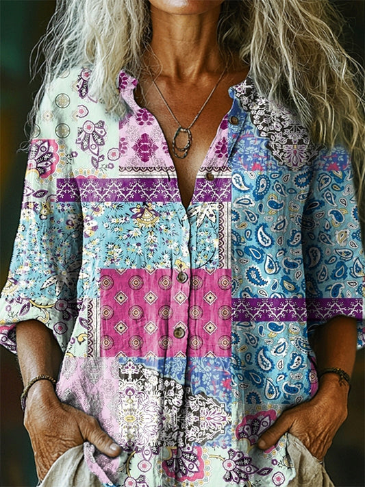 Women's Vintage Tattoo Pattern Art Print Casual Cotton Linen Shirt