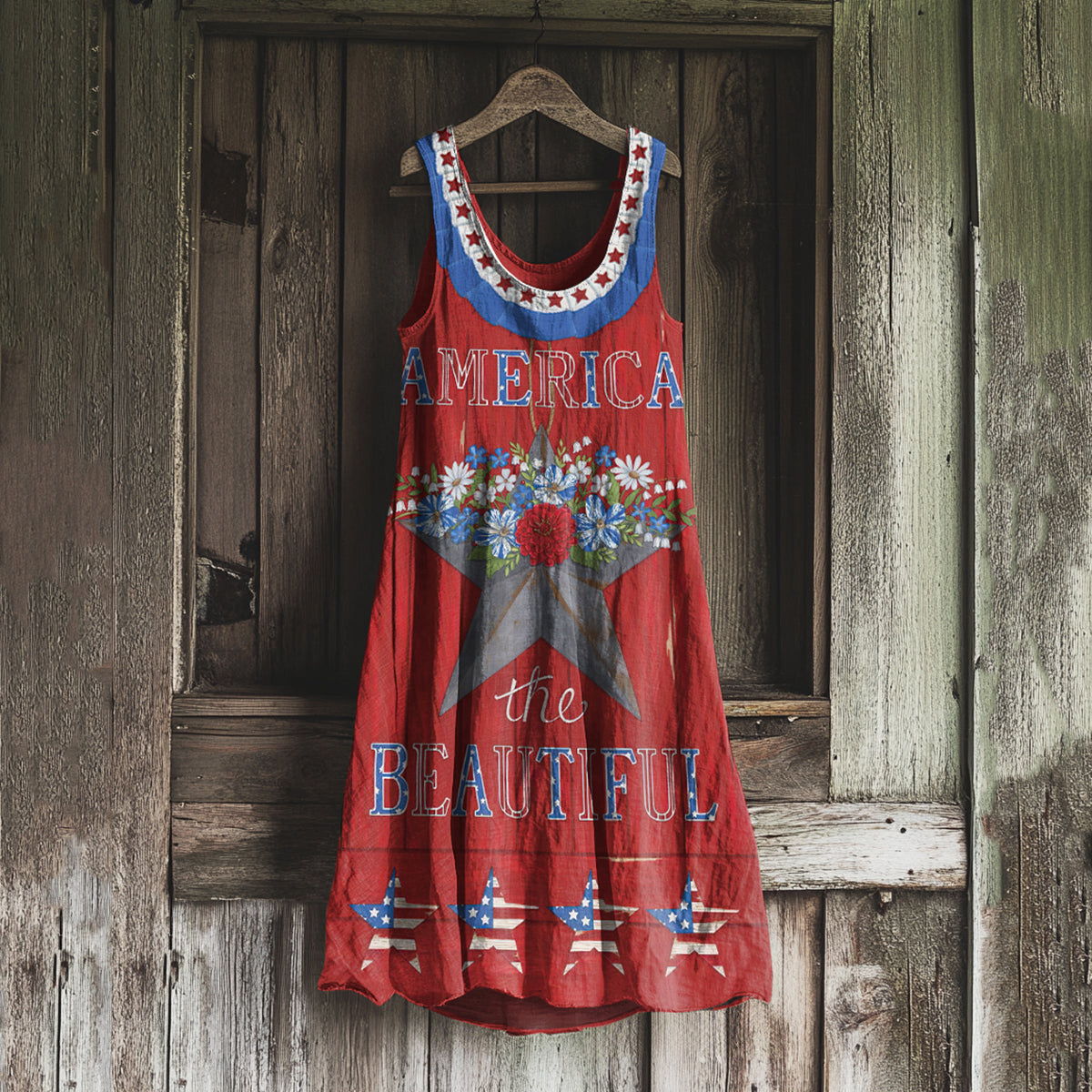 Women's Independence Day Floral Pattern Cotton And Linen Dress artswardrobe