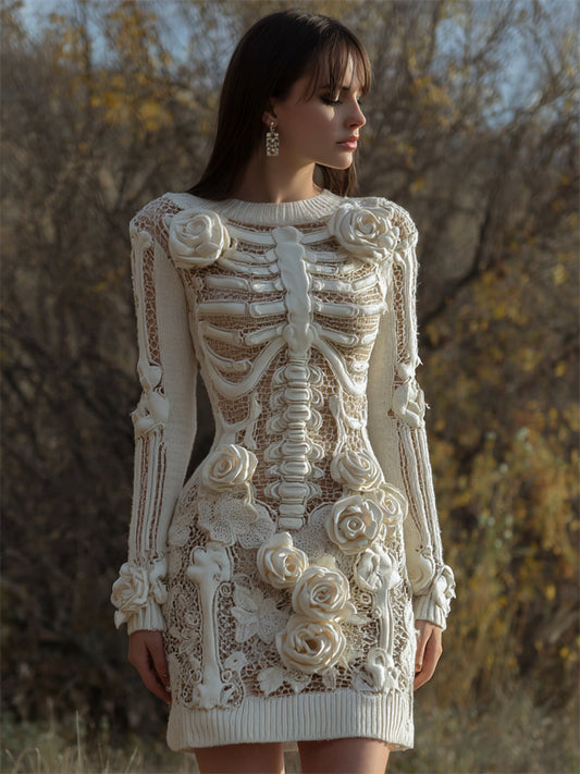 Skeleton White Roses Lace Crochet Cozy Knit Sweater Dress artswardrobe