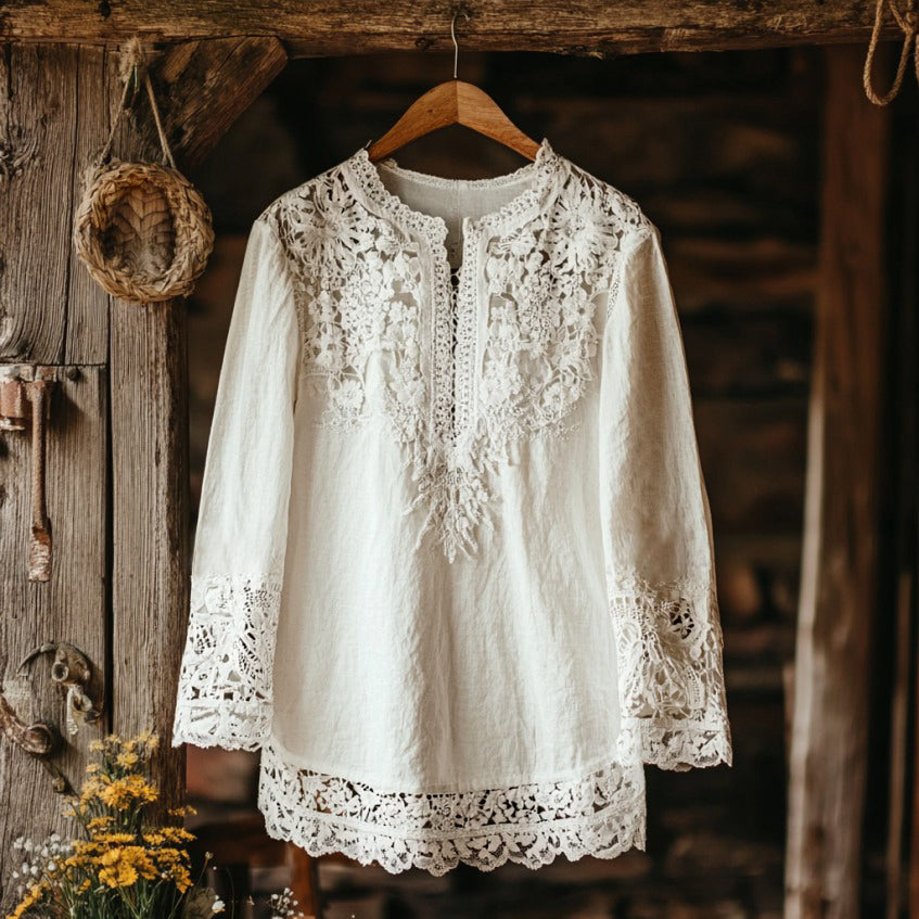 Elegant Lace Embroidery Tassel Art Long Sleeve V-neck Shirt artswardrobe