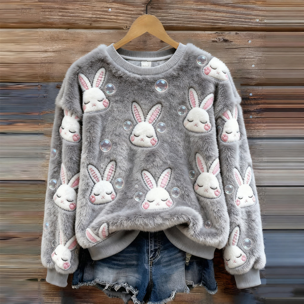 Cute Rabbits & Bubbles Embroidered Cozy Plush Sweatshirt