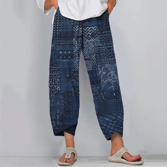 Comstylish Vintage Japanese Traditional Sashiko Art Cropped Casual Pants