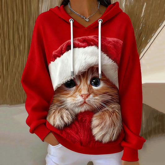 Comstylish Women's Cute Christmas Cat Art Drawstring Hoodie