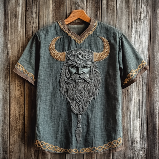 Men's Viking Tribal With Celtic Knotwork Embroidered Linen T-shirt artswardrobe