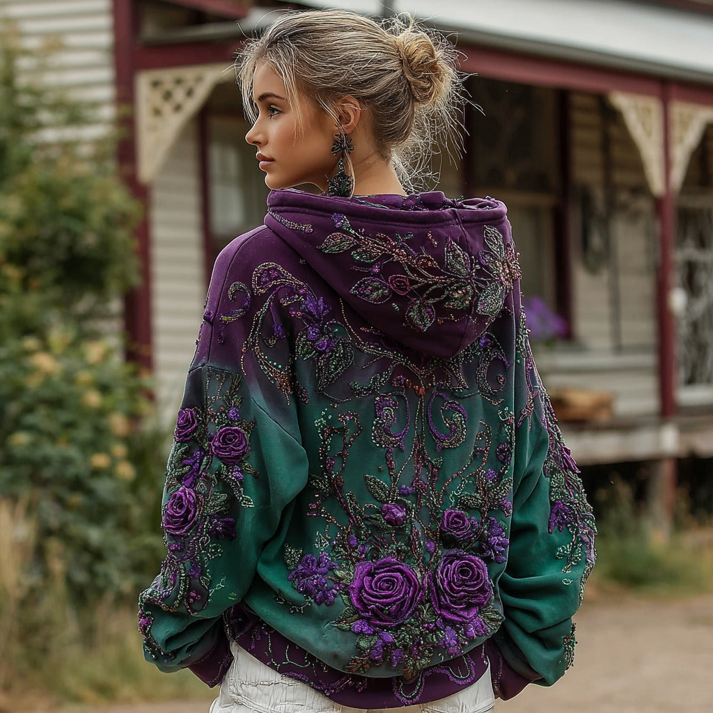 Comstylish Women's Retro Purple Rose Gradient Pattern Casual Hoodie